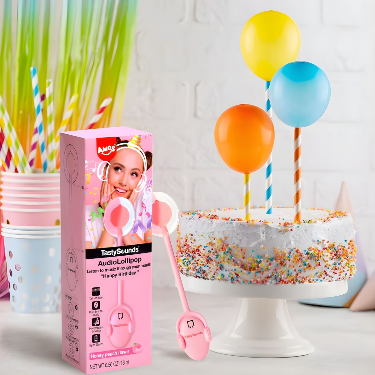 Γλειφιτζούρι Ροδάκινο με Μουσική Amos Tasty Sounds Audio Lollipop Happy Birthday