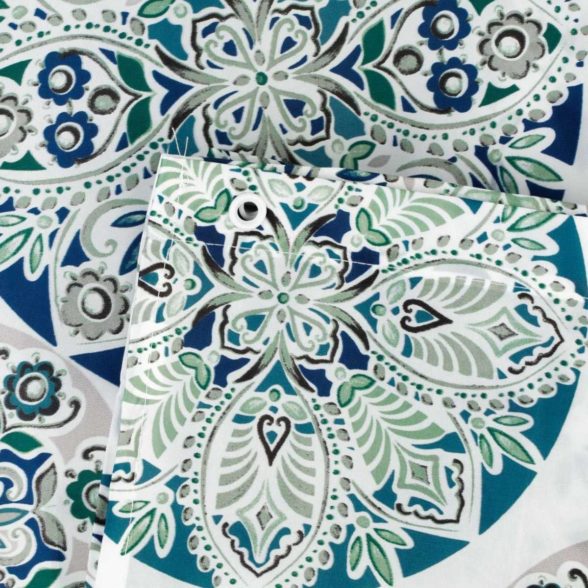 Κουρτίνα Μπάνιου Λευκή με Σχέδια Mandala Μπλέ Γκρί με Κρίκους