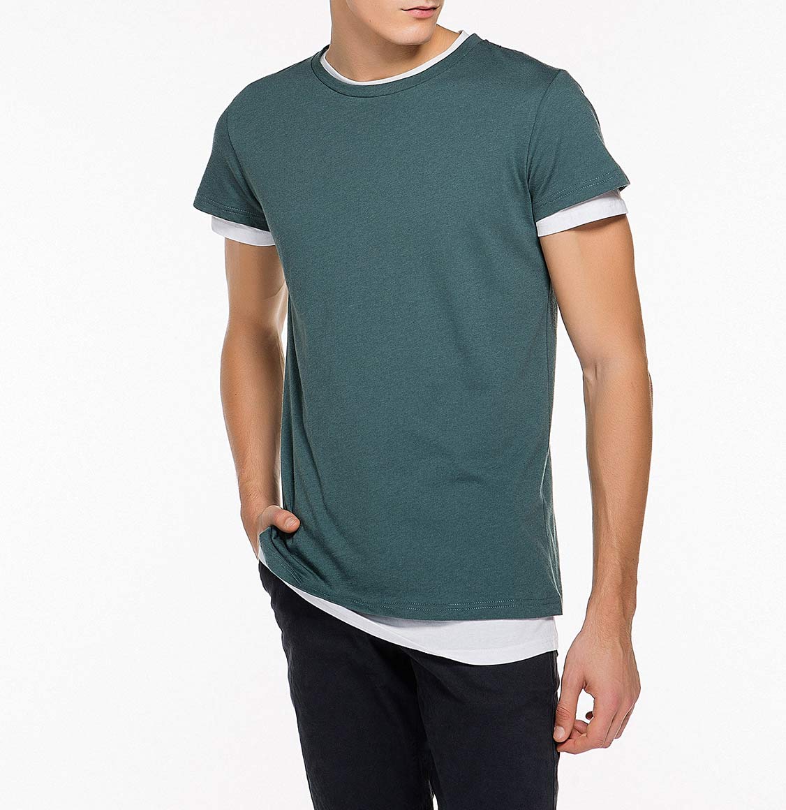 The Project Garments Double Crew Neck Wool Blend Tee Shirt Petrol-D