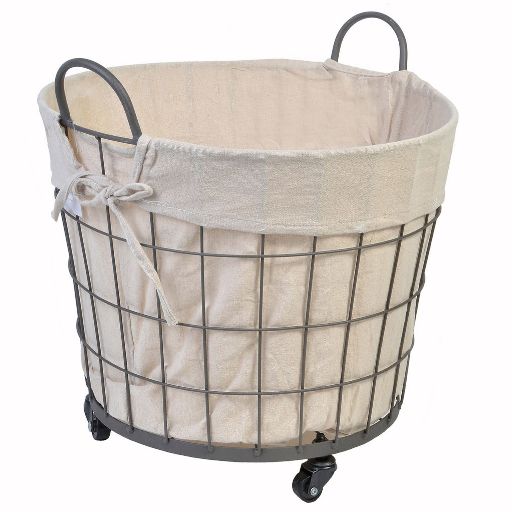 Gray Metal Mesh Storage Basket And Ecru Fabric Case With Wheels 40x30cm