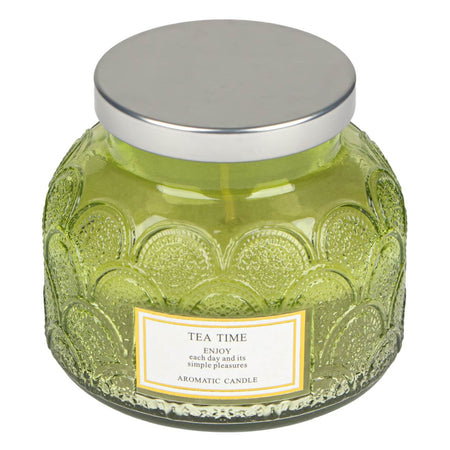 Green Tea Scented Candle In Embossed Glass Jar With Lid And Print 8x9cm-A