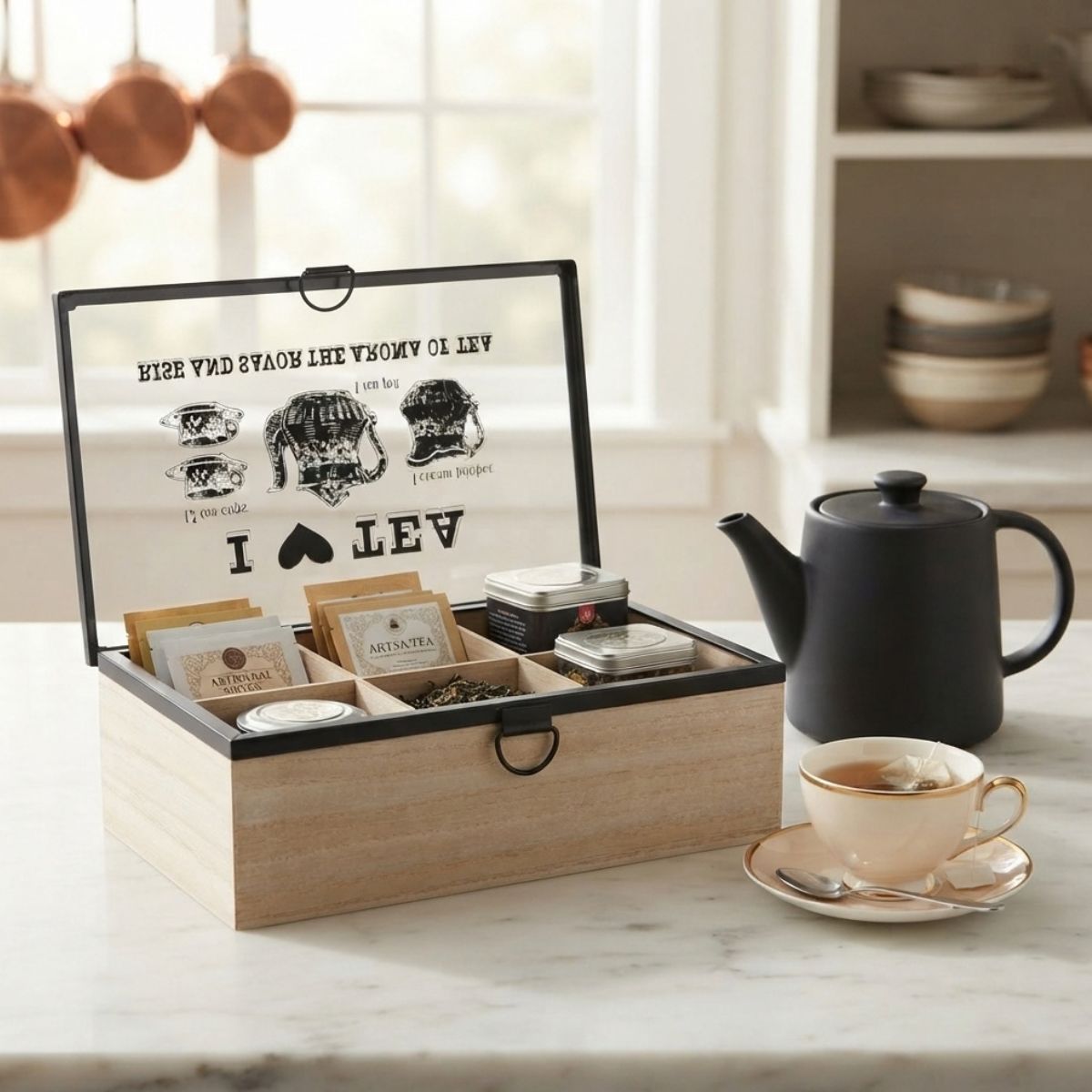Ξύλινο Κουτί Οργάνωσης για Τσάι I Love Tea 6 Θέσεων