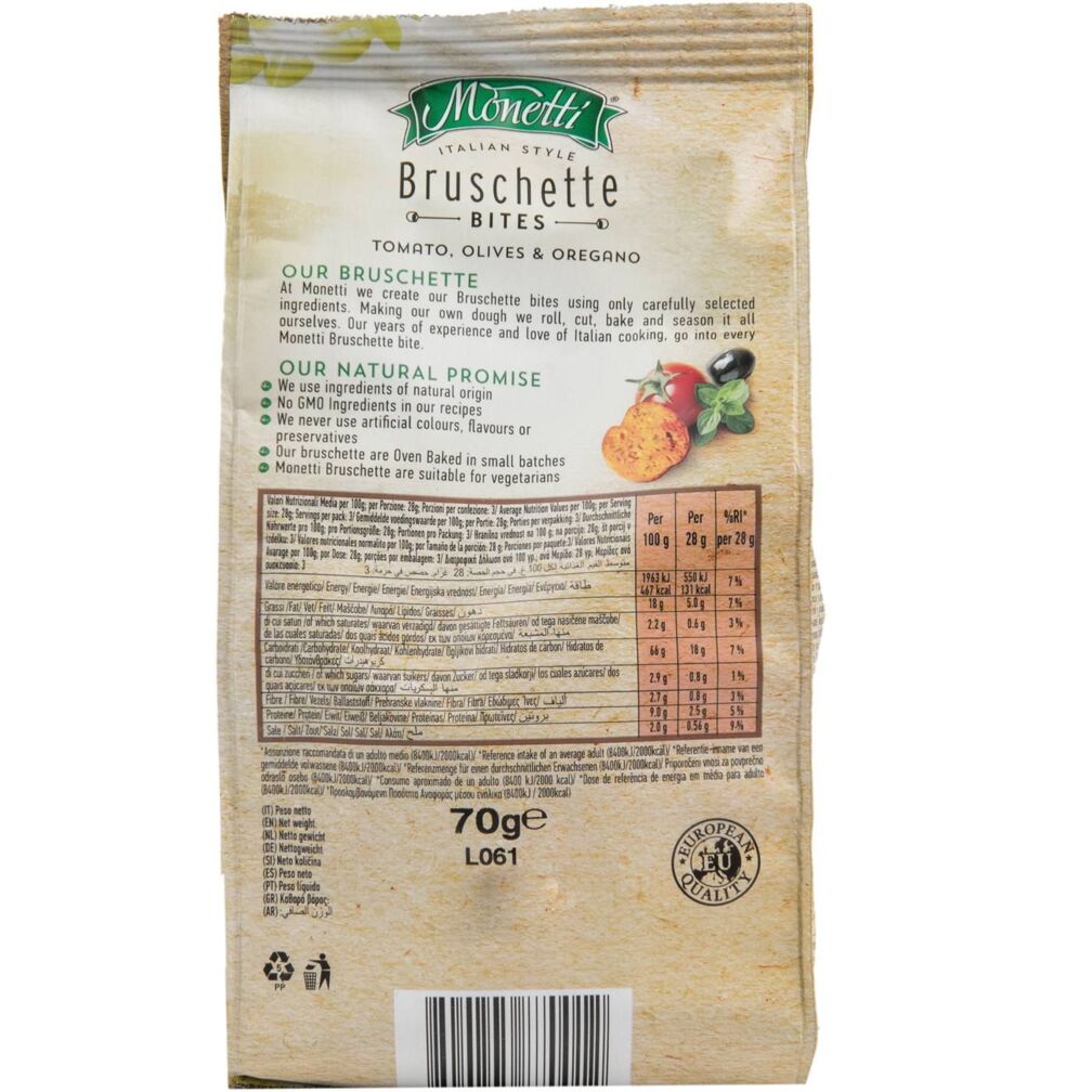 Monetti Oven Baked Bruschette Chips Tomato Olives Oregano 70g-B