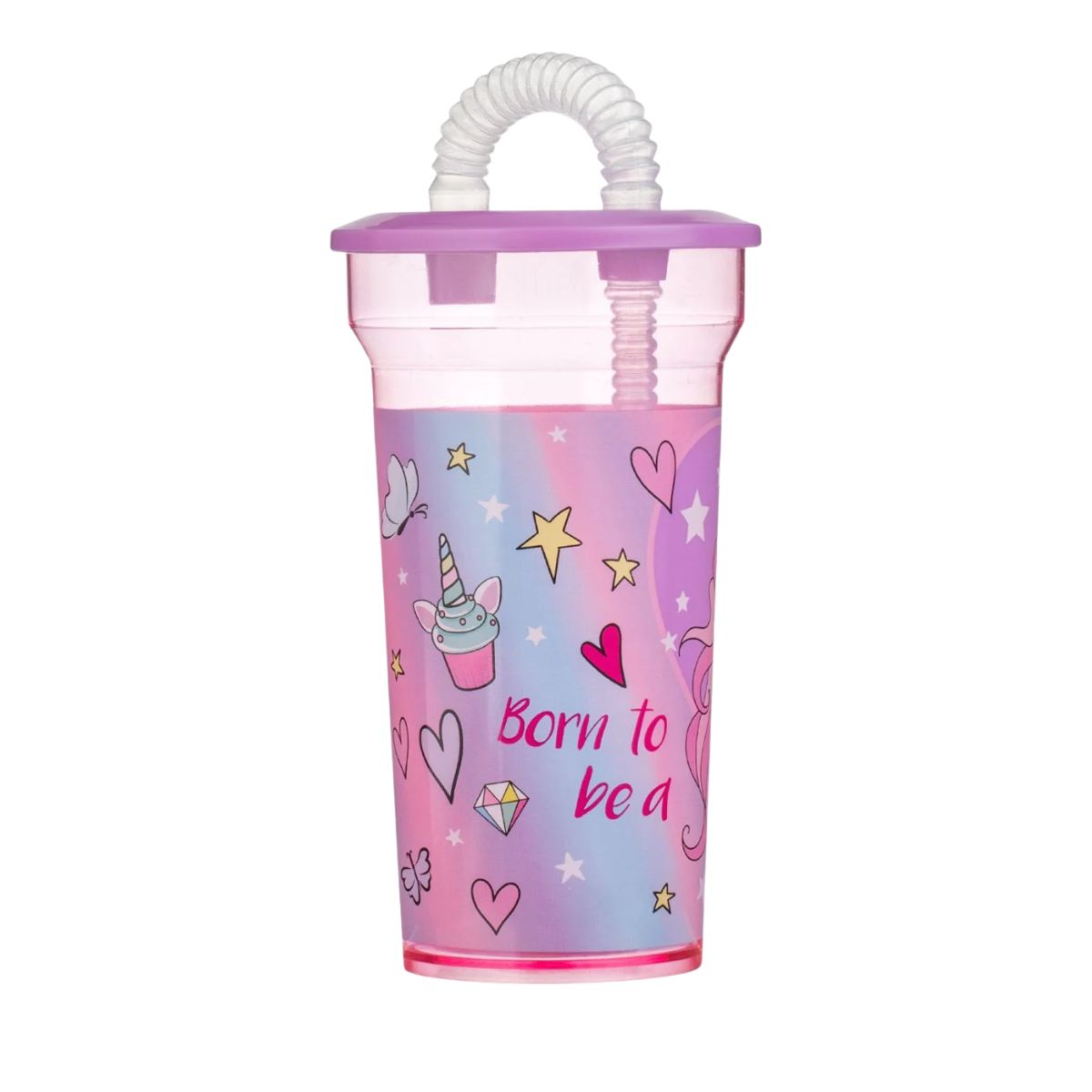 Ποτήρι Πλαστικό με Σπαστό Καλαμάκι Ροζ Born to Be a Unicorn