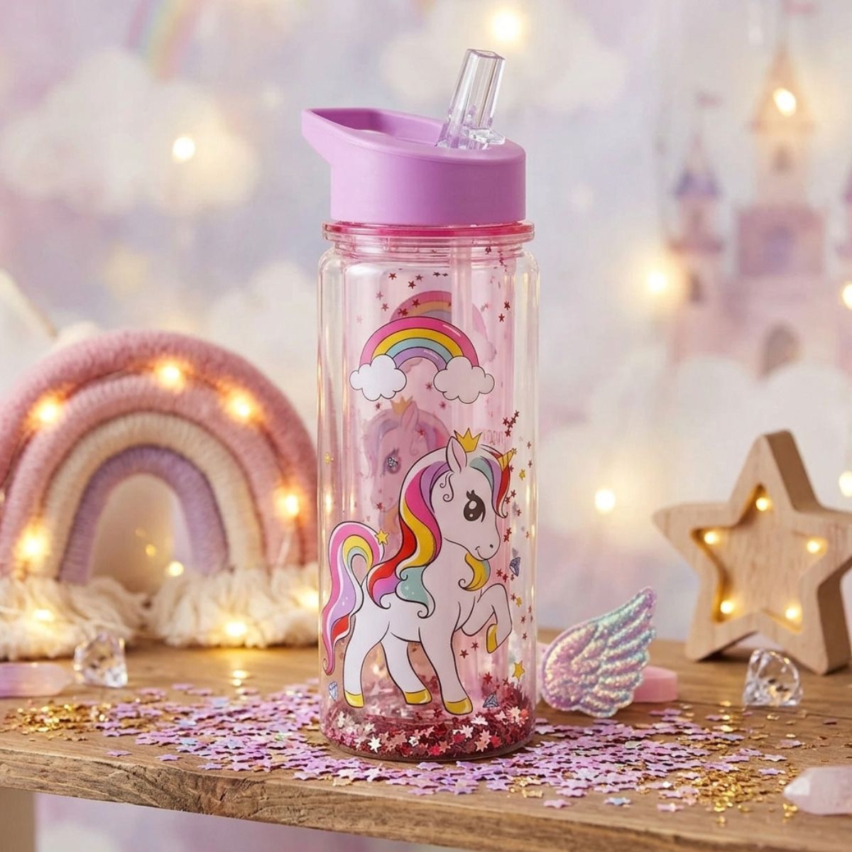 Πλαστικό Παγούρι με Γκλίτερ και Flip Top Καλαμάκι Dream Like a Unicorn