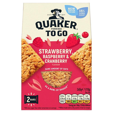 Μπάρες Δημητριακών Με Λιγότερη Ζάχαρη Quaker Porridge To Go Strawberry, Raspberry and Cranberry Less Sugar Bars 110g