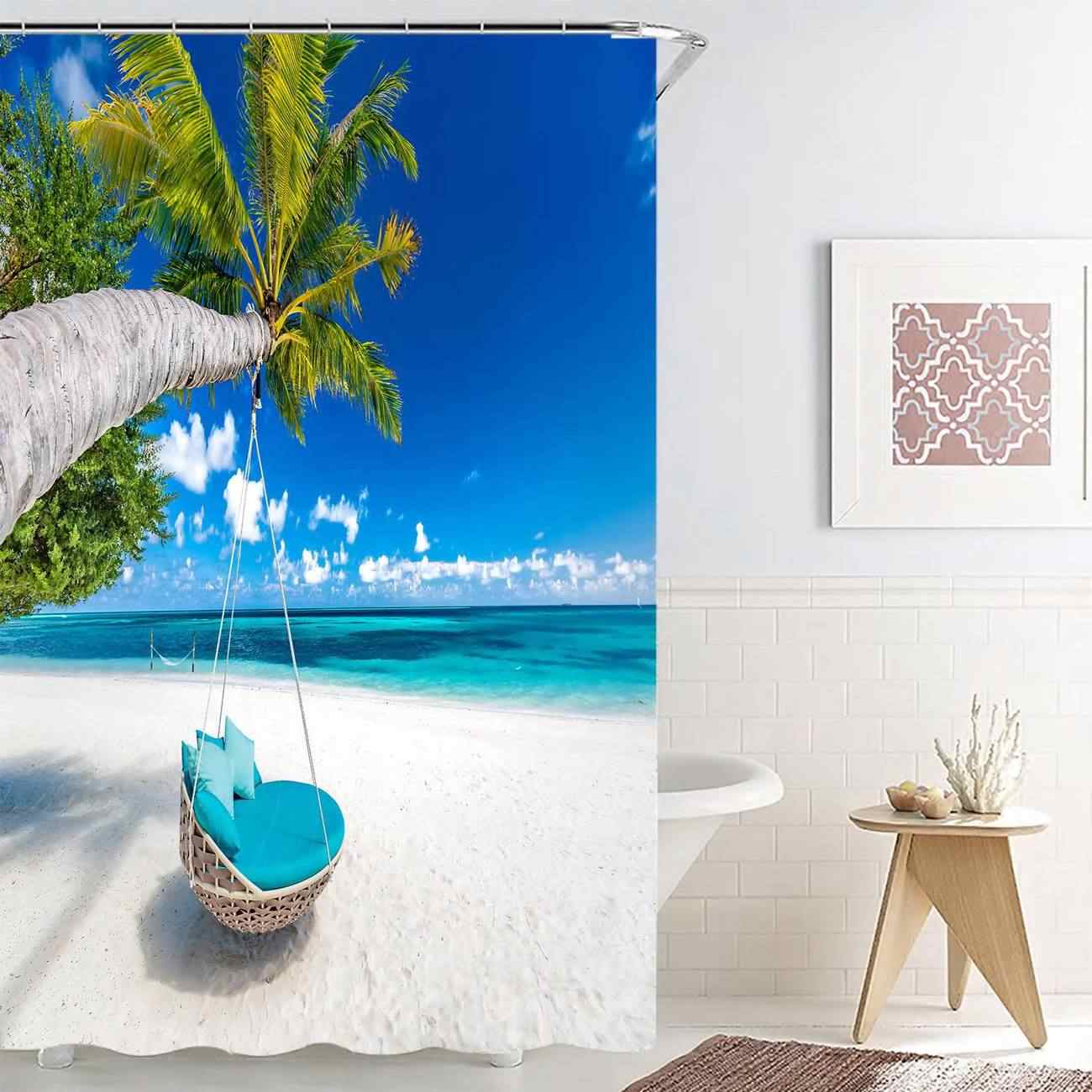 Shower Curtain PEVA With Exotic Beach And Hammock Print 180x180cm