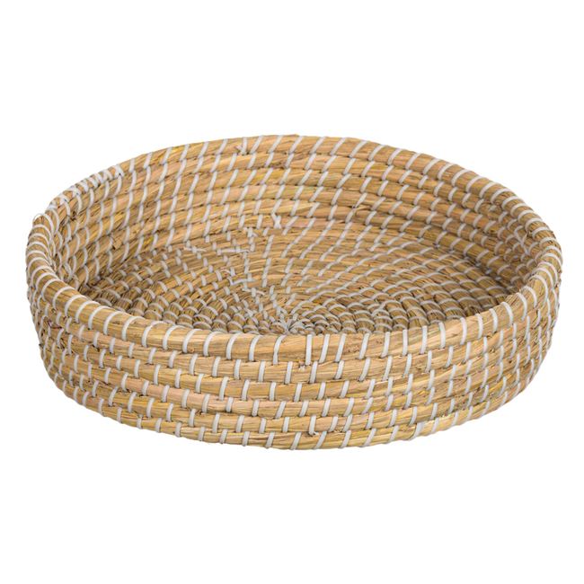 Καλάθι Αποθήκευσης Στρογγυλό Ψάθινο με Λευκό Νάιλον Μεσσαίο 30x7cm