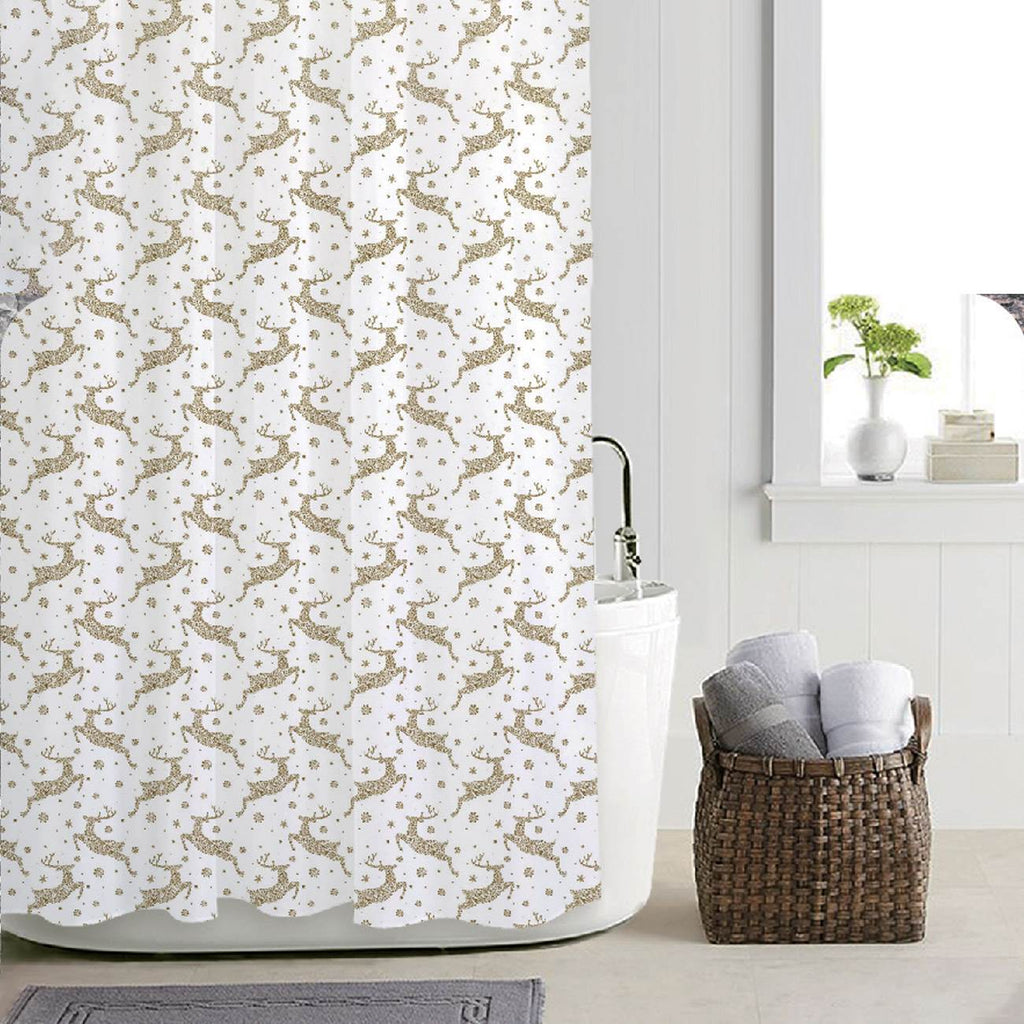 White Christmas Shower Curtain With Golden Reindeer 180x180cm