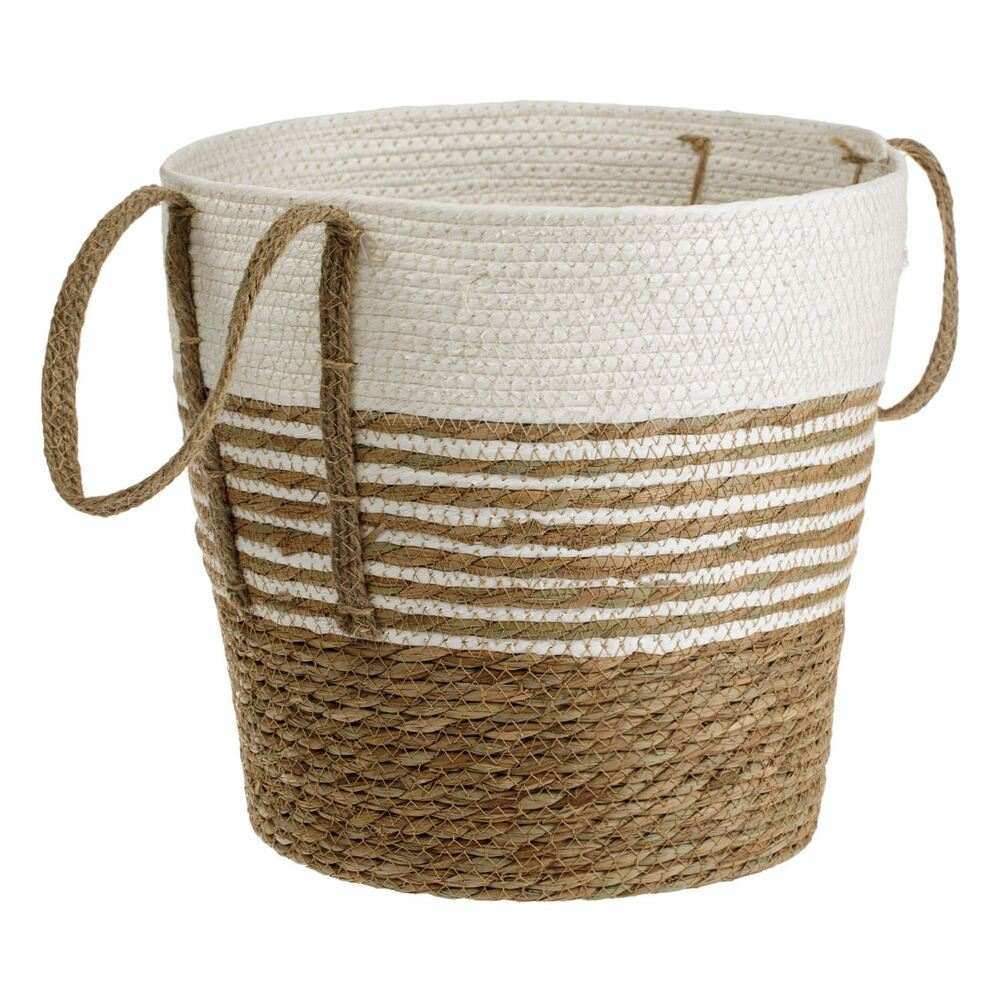 Καλάθι Αποθήκευσης Πλεκτό με Σκοινί Λευκό Καφέ Ριγέ Μεγάλο 33x33cm