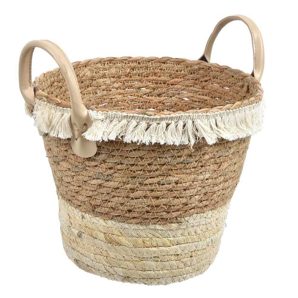 Καλάθι Αποθήκευσης Ψάθινο Πλεκτό Μπεζ με Φουντάκια 23x20cm
