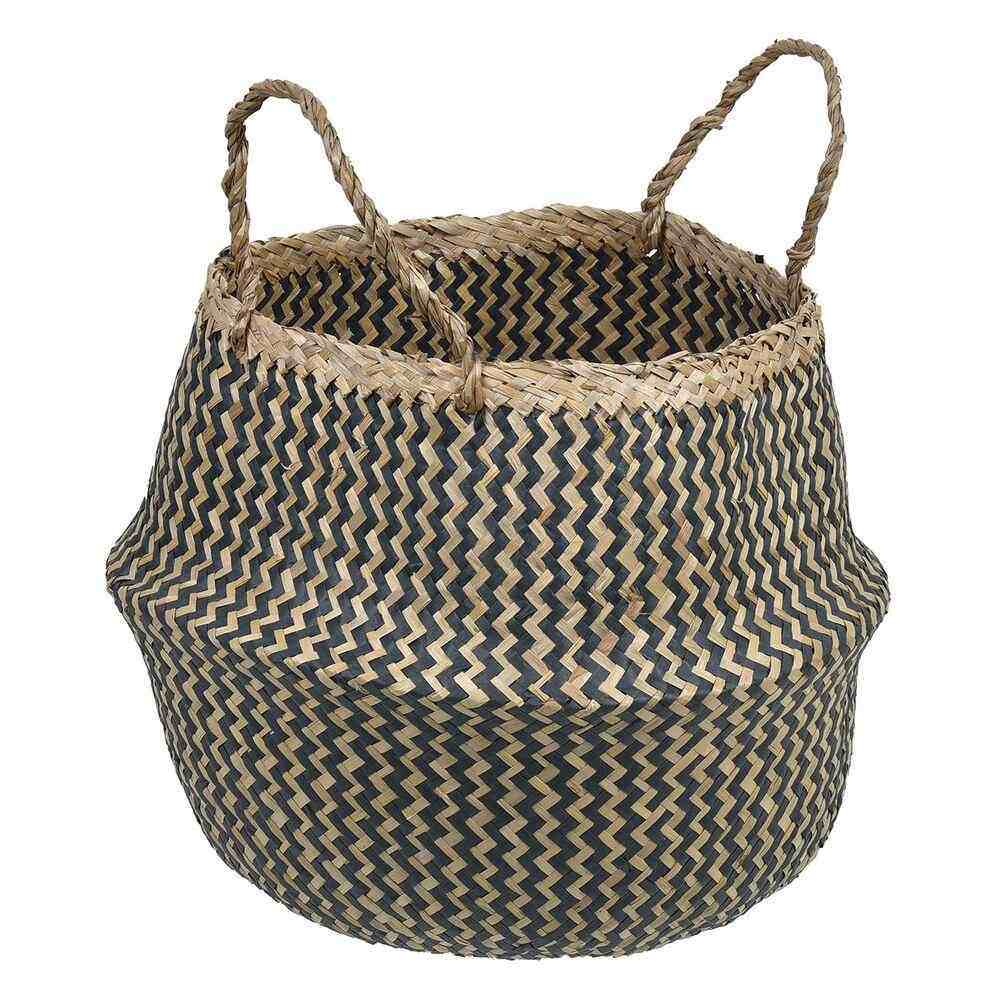 Καλάθι Αποθήκευσης Ψάθινο Πλεκτό Μπεζ Μαύρο Ζιγκ Ζαγκ Μεγάλο 14lt