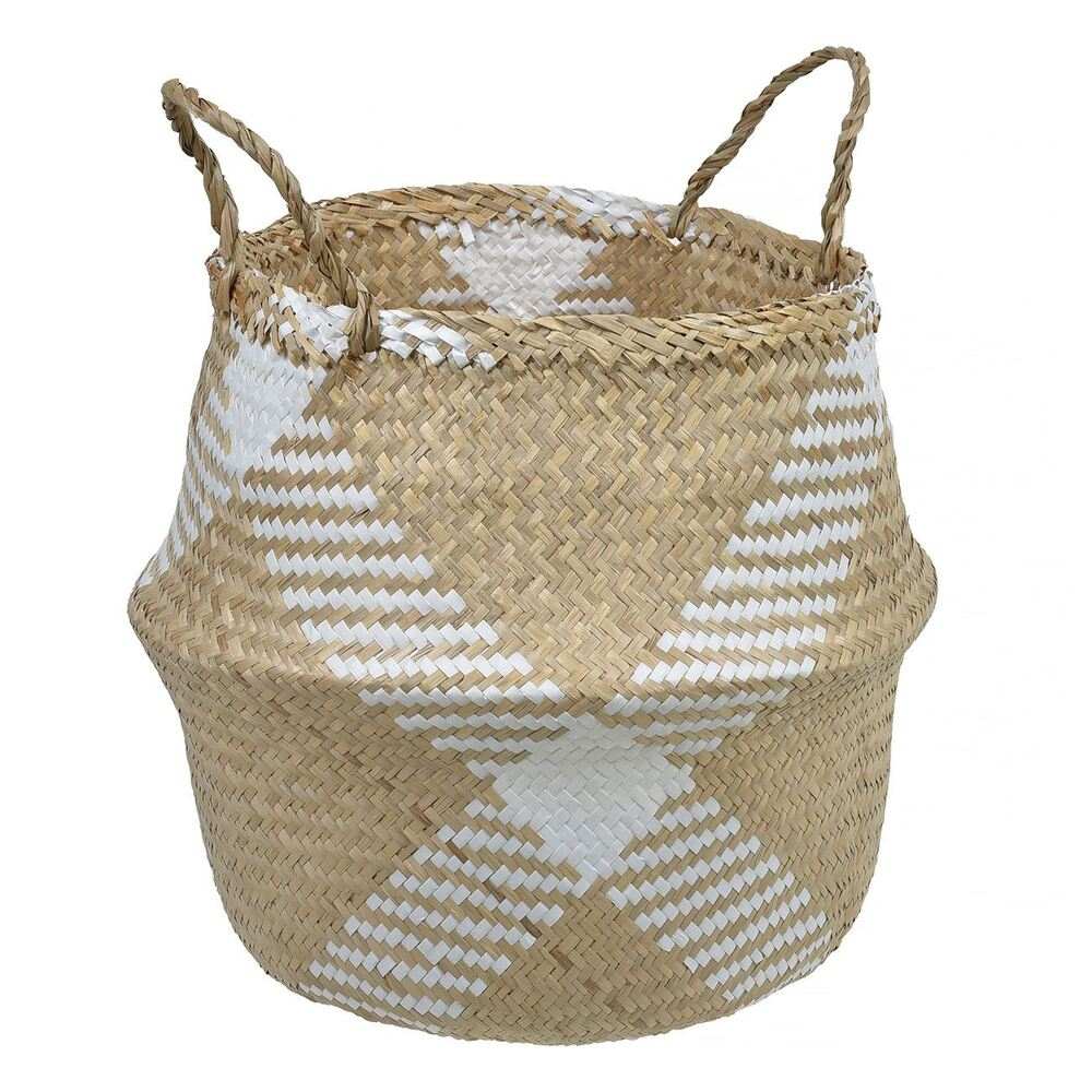 Καλάθι Αποθήκευσης Ψάθινο Πλεκτό Λευκό Μπεζ Χιαστί Μεγάλο 14lt