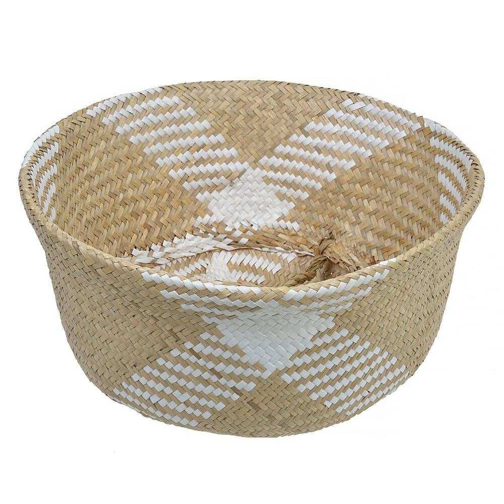Καλάθι Αποθήκευσης Ψάθινο Πλεκτό Λευκό Μπεζ Χιαστί Μεγάλο 14lt