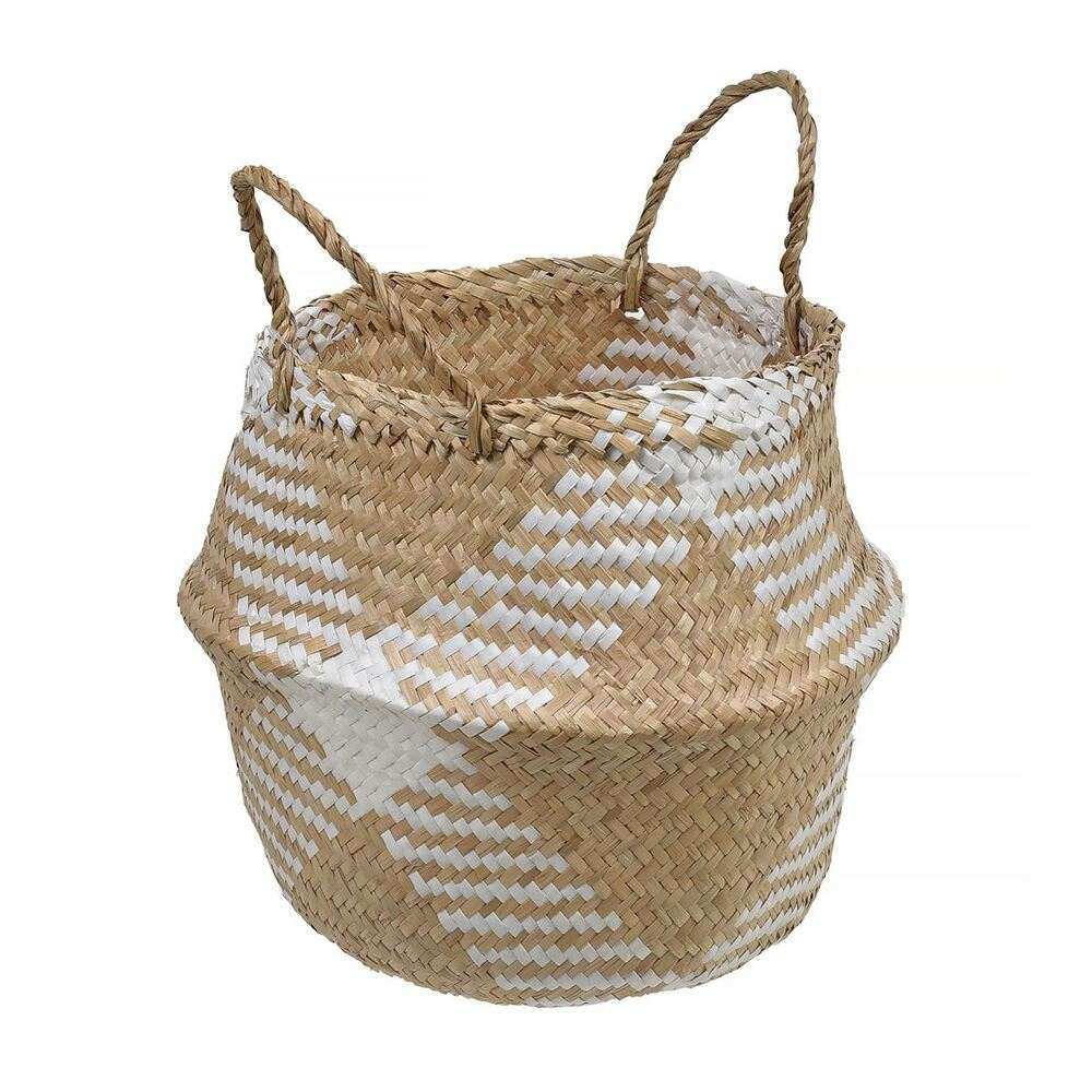 Καλάθι Αποθήκευσης Ψάθινο Πλεκτό Λευκό Μπεζ Χιαστί Μικρό 9lt