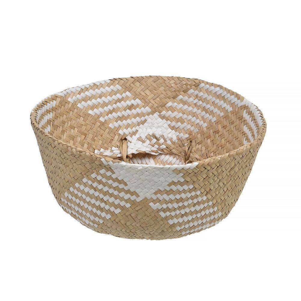 Καλάθι Αποθήκευσης Ψάθινο Πλεκτό Λευκό Μπεζ Χιαστί Μικρό 9lt