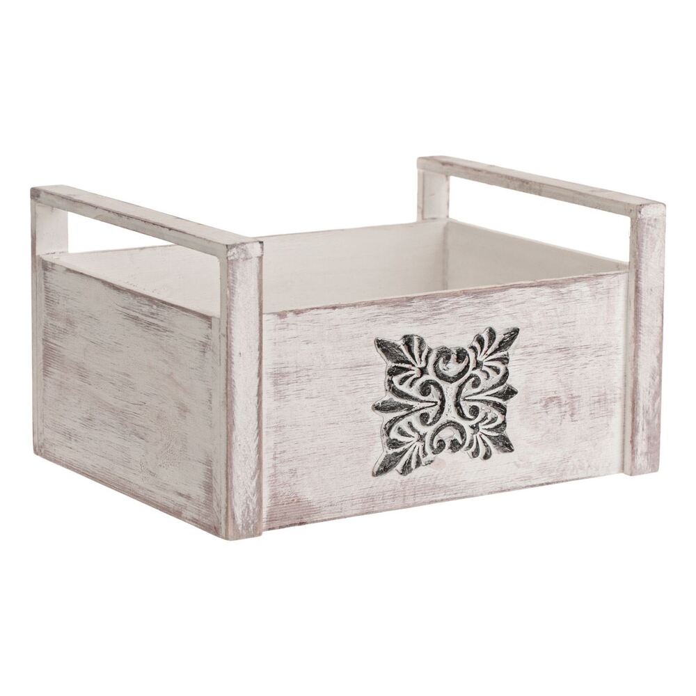 Διακοσμητικό Καλάθι Ξύλινο Λευκοκαφέ με Vintage Μαύρο Σχέδιο Μεγάλο 30x23x16cm