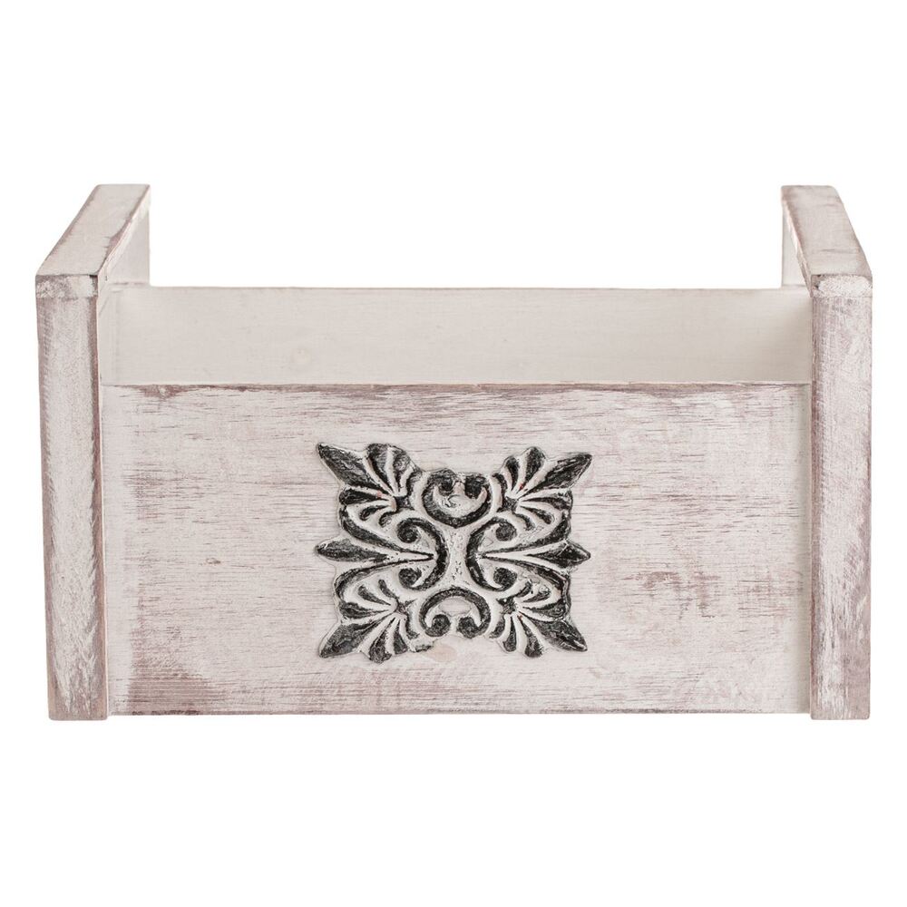 Διακοσμητικό Καλάθι Ξύλινο Λευκοκαφέ με Vintage Μαύρο Σχέδιο Μεγάλο 30x23x16cm