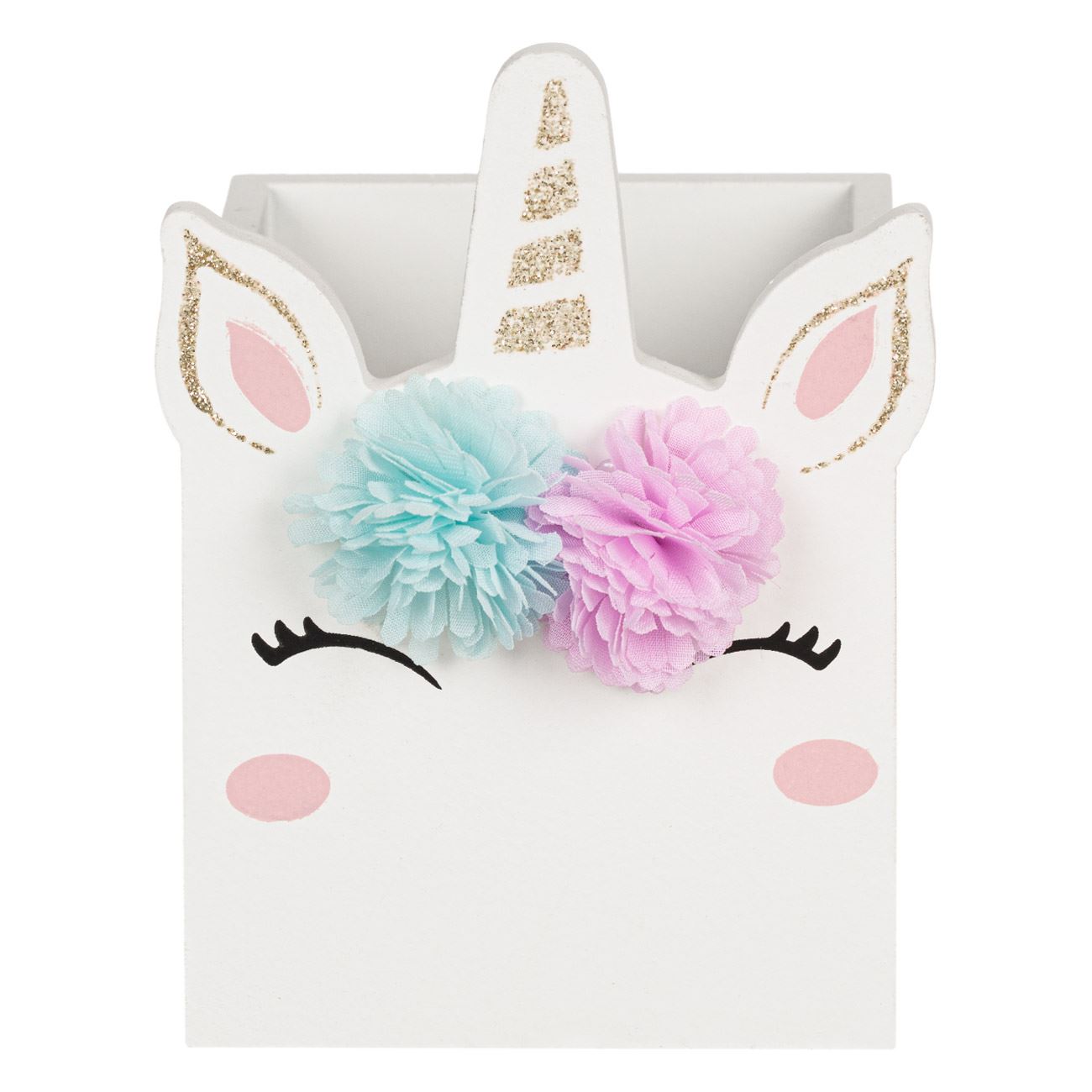 Διακοσμητικό Καλάθι Ξύλινο Λευκό με Μονόκερο 10x10x14cm