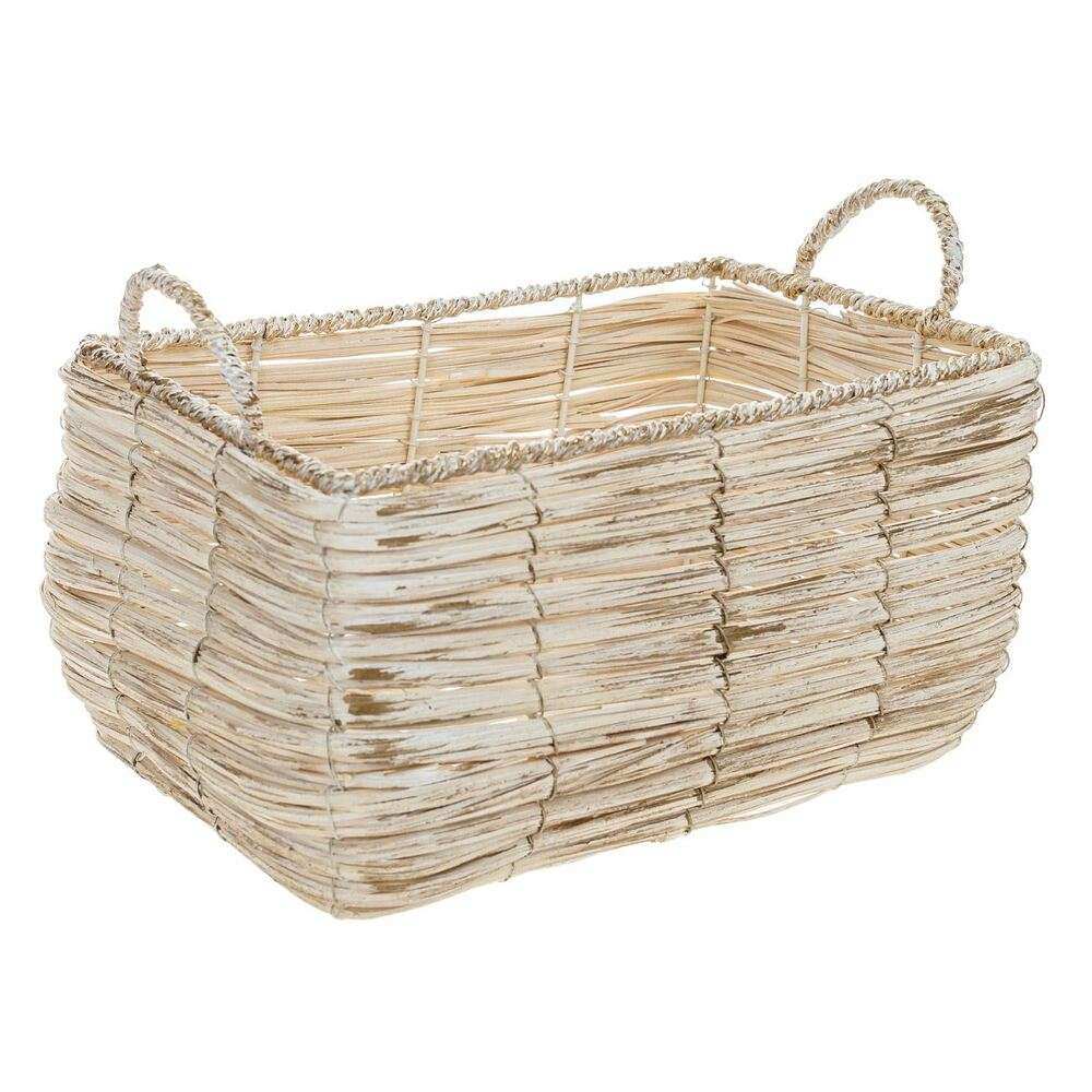 Διακοσμητικό Καλάθι Ξύλινο Πλεχτό Μπεζ με Χρυσό 32.5x22x17cm