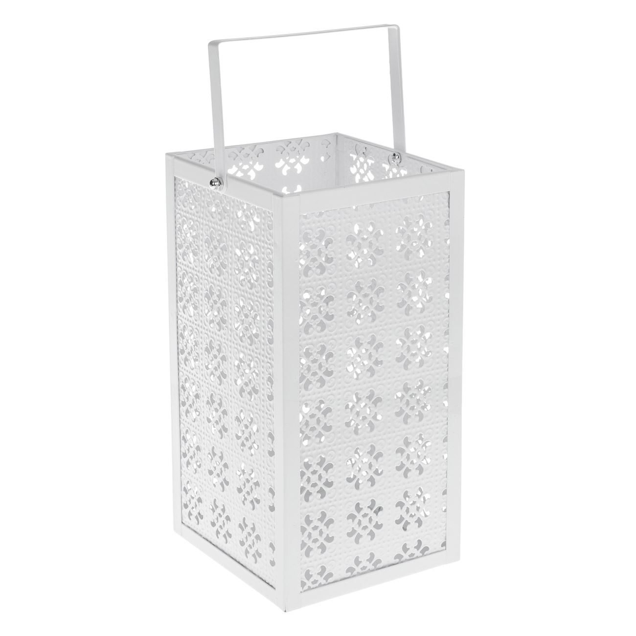 Φανάρι Μεταλλικό Κρεμαστό Λευκό με Διάτρητο Σχέδιο Λουλουδιών 13x13x26cm