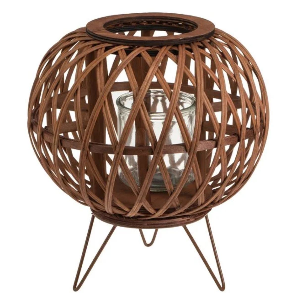 Φανάρι Ξύλινο Οβάλ Ανοιχτό Καφέ με Πλέξη και Μεταλλικά Ποδαράκια