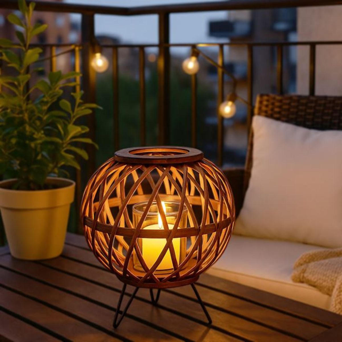 Φανάρι Ξύλινο Οβάλ Ανοιχτό Καφέ με Πλέξη και Μεταλλικά Ποδαράκια