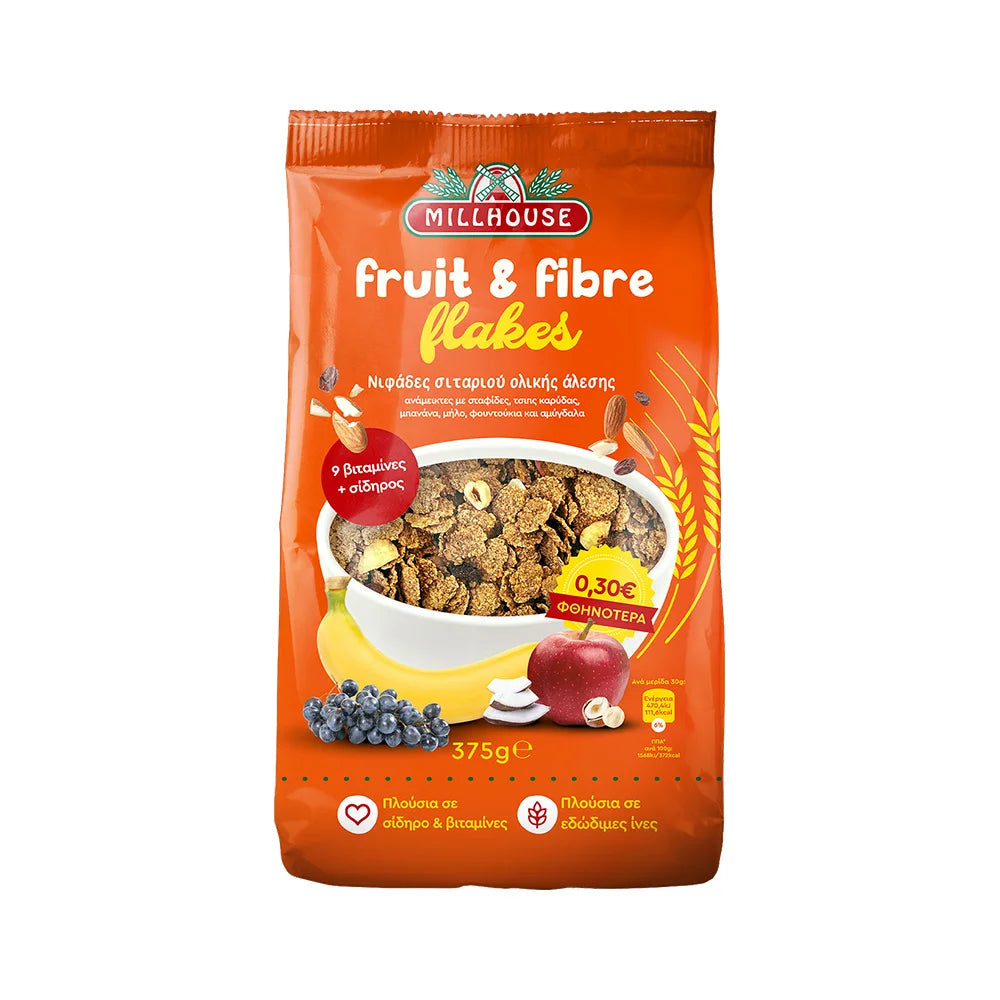 Νιφάδες Σταριού Ολικής Άλεσης Με Φρούτα Και Ξηρούς Καρπούς Millhouse Fruit And Fibre Flakes 375g