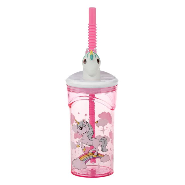 Πλαστικό Ποτήρι με Καλαμάκι και Καπάκι με 3D Μονόκερο 360ml