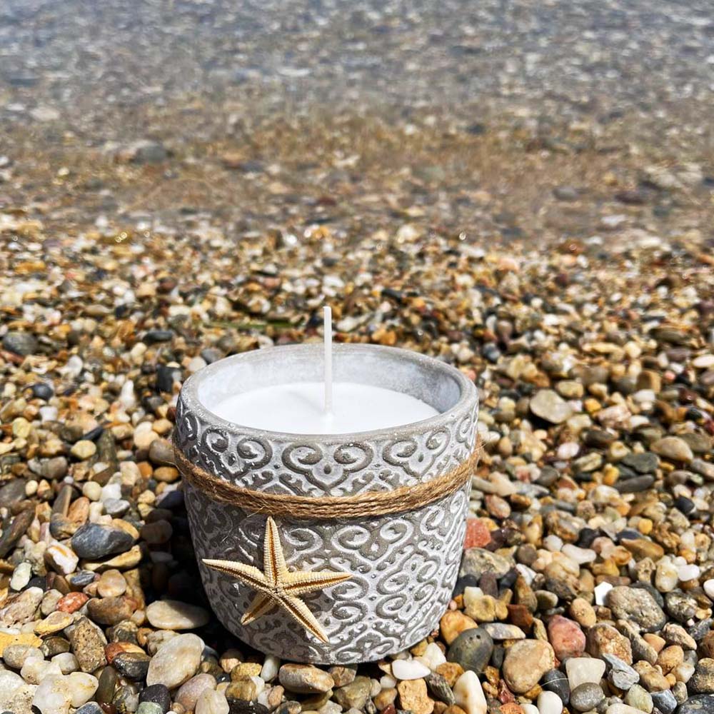 Διακοσμητικό Αρωματικό Κερί Summer Serenity Concreate Handmade Starfish Candle With Embossed Designs In Concrete Pot 10x8cm