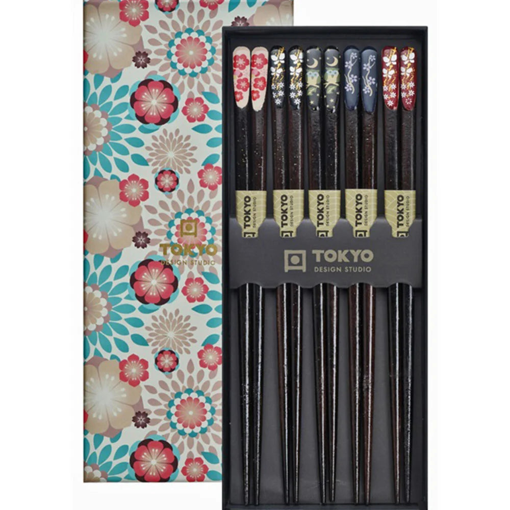 Τσόπστικς Ξύλινα Σετ Tokyo Design Studio Λουλούδια Glitter Gift Box Nippon Floral Chopsticks 5 Pairs