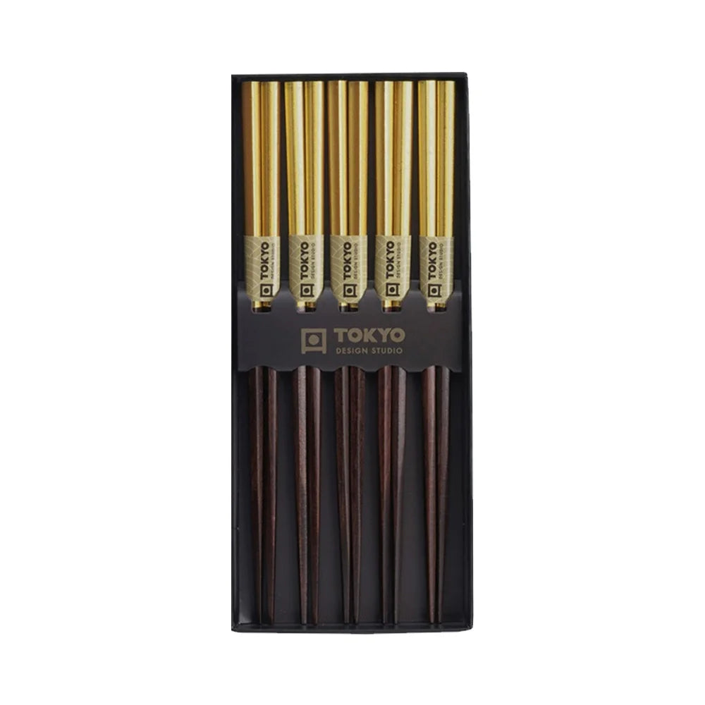 Τσόπστικς Ξύλινα Χρυσό Καφέ Σετ Tokyo Design Studio Gold Wood Chopsticks 5 Pairs
