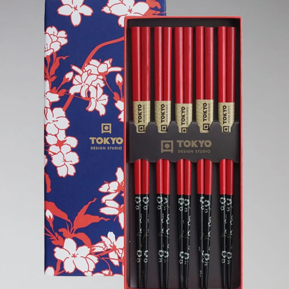 Τσόπστικς Ξύλινα Σετ Tokyo Design Studio Red Black Flower Gift Box Chopsticks 5 Pairs