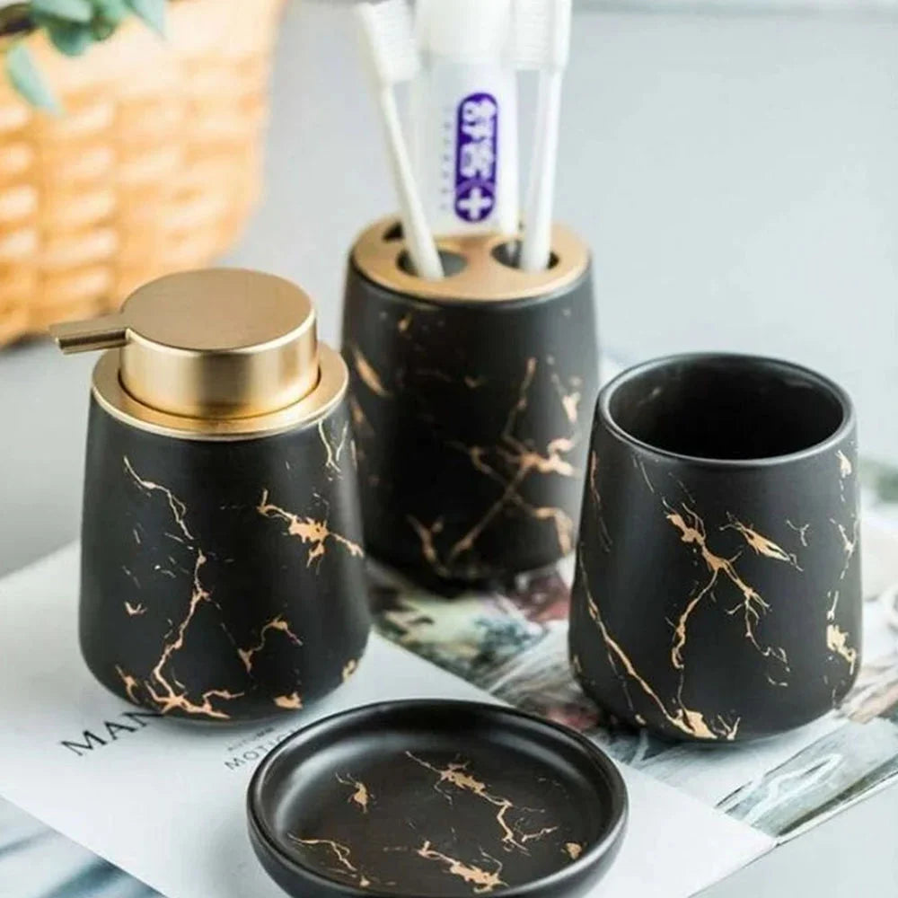 Θήκη για Οδοντόβουρτσες Κεραμική Σε Μαύρο Και Χρυσό Ματ Toothbrush Case Matte Marble Effect 6x10cm