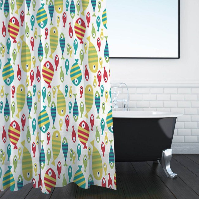 Shower Curtain White With Printed Multicolored Fish PEVA 180x180cm-A