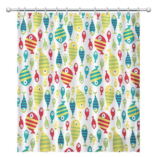 Shower Curtain White With Printed Multicolored Fish PEVA 180x180cm-B