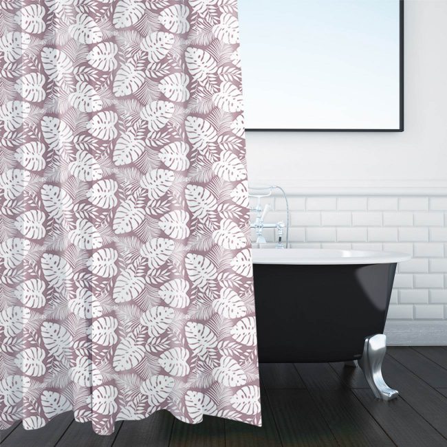 Shower Curtain Beige Brown With Printed White Tropical Leaves 180x180cm-A
