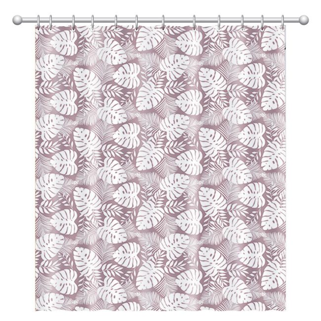 Shower Curtain Beige Brown With Printed White Tropical Leaves 180x180cm-B