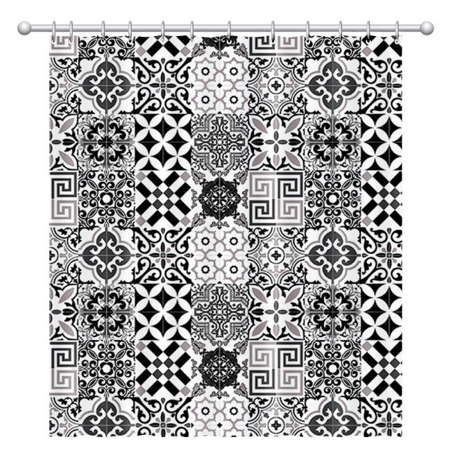 Shower Curtain White With Print Old Tiles In Gray Black 180x180cm-B