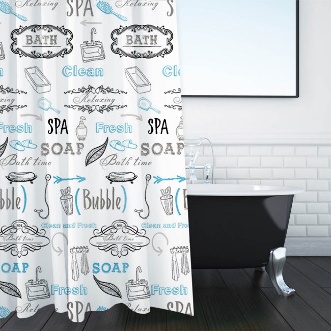 Shower Curtain White With Printed Designs Bathroom Items 180x180cm-A