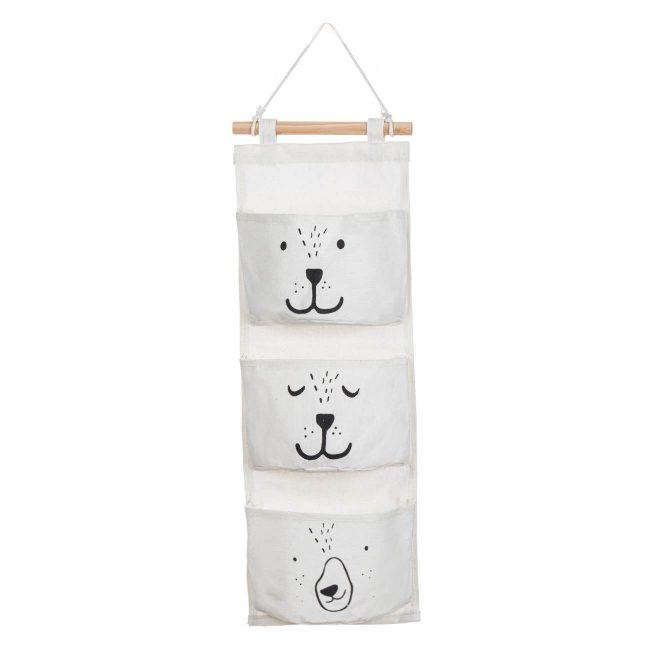Children's Fabric Pendant Case with 3 Off-White Pockets and Teddy Bear Design 20x58cm-A