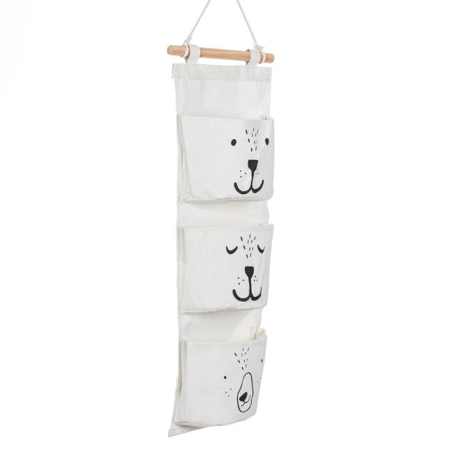 Children's Fabric Pendant Case with 3 Off-White Pockets and Teddy Bear Design 20x58cm-B