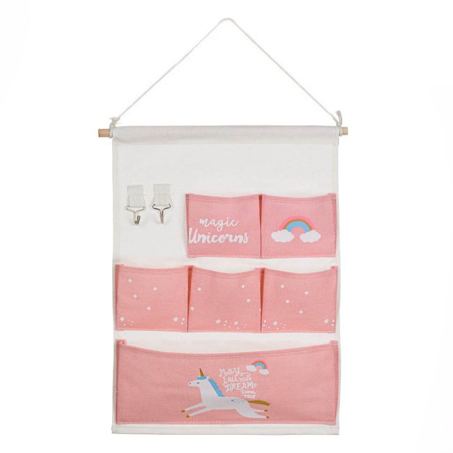 Hanging Fabric Children's Case with 6 Cases and 2 Hooks Off-White With Pink And Unicorn Design 34x47cm-A