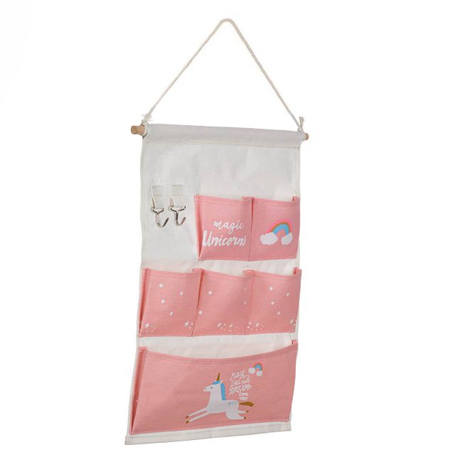 Hanging Fabric Children's Case with 6 Cases and 2 Hooks Off-White With Pink And Unicorn Design 34x47cm-B
