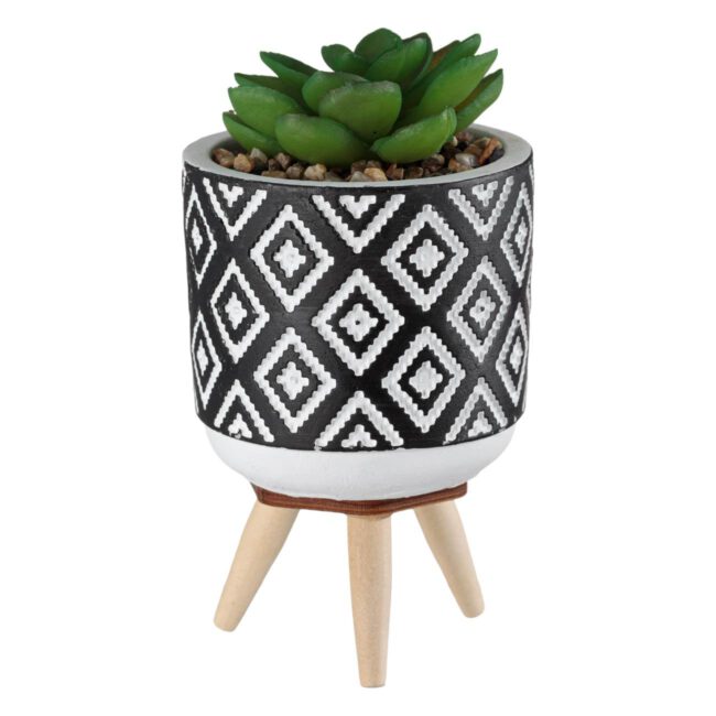 Decorative Ceramic Pot With Wooden Legs And Real Plant 7x14cm-A