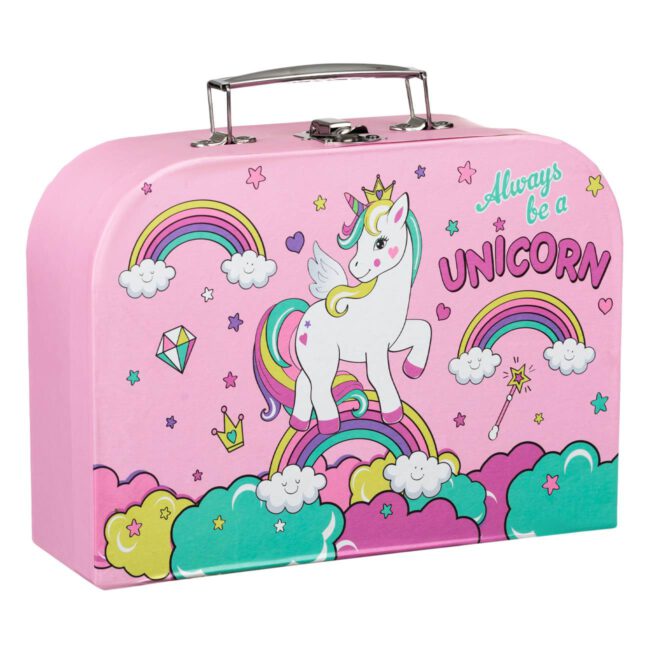 Paper Box For Decoration And Storage In The Shape Of A Suitcase With Unicorns Pink 25x18x9cm-B