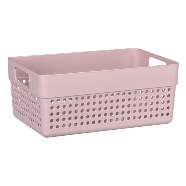 Perforated Plastic Storage Basket With Handles In Light Pink 23x15x10cm-B