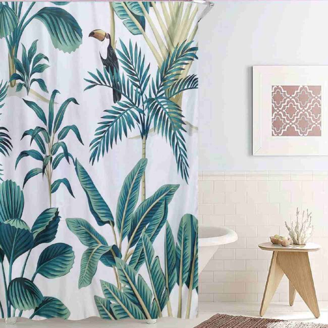 Shower Curtain With Tropical Leaves And Toucan Birds Print 180x180cm