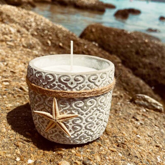Concreate Handmade Starfish Candle With Embossed Designs In Concrete Pot 10x8cm-B