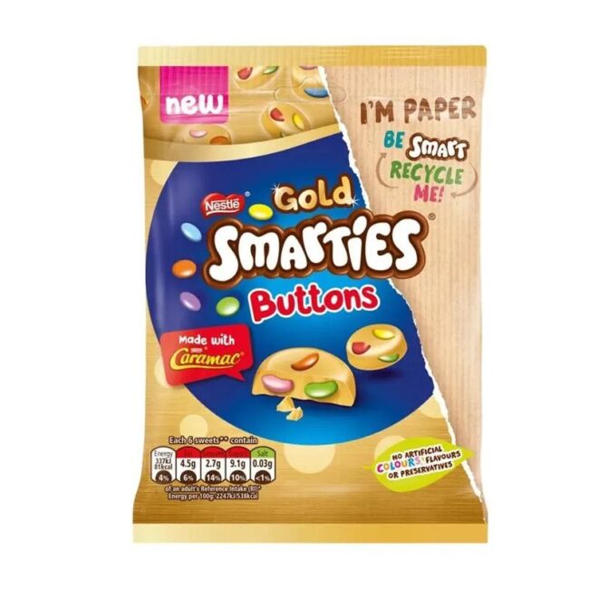 Nestle Smarties Buttons Gold Caramel White Chocolate Made With Caramac Sharing Bag 85g-A